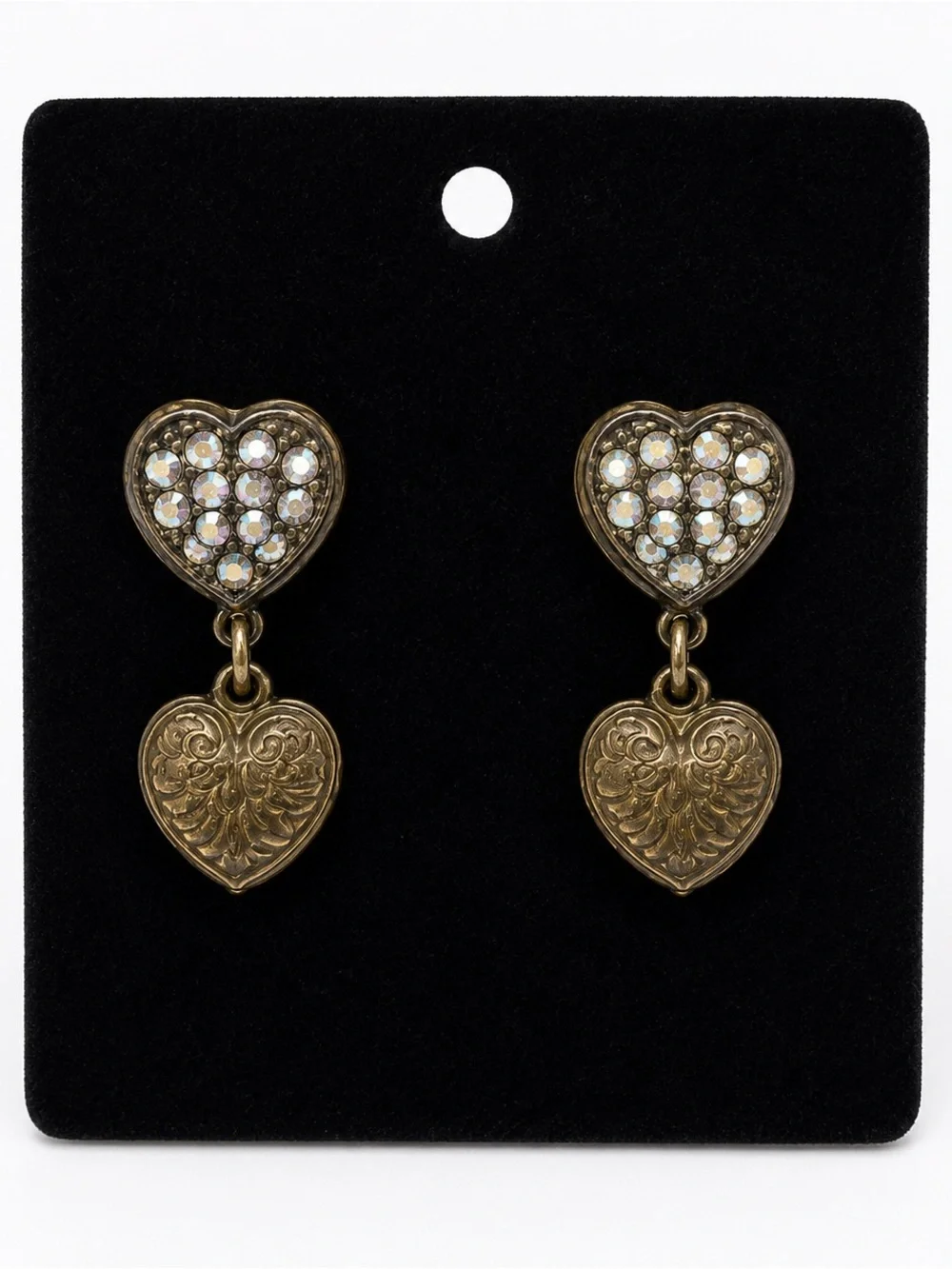 Vintage Gold bronze toned Heart Drop Earrings with Crystal Accents